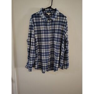 Terra & Sky Blue White Plaid Flannel Shirt Plus Size 2X 20W-22W Button Down Tops